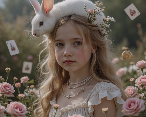 Whimsical Garden with Girl, Rabbit, and Playing Cards