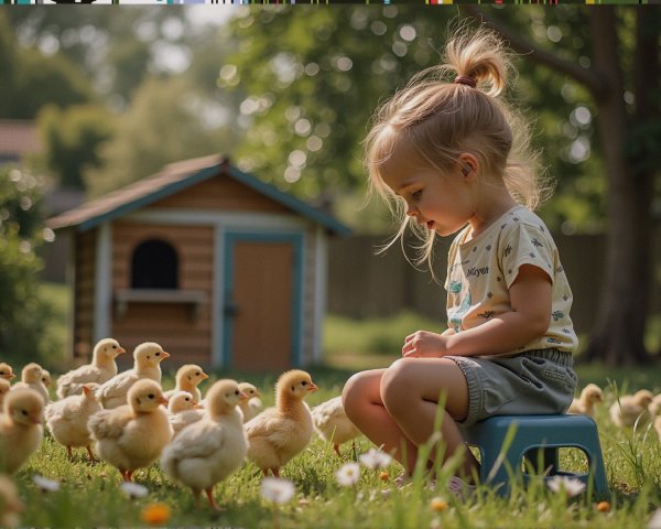 Child Observing Chicks in a Lush Garden Setting