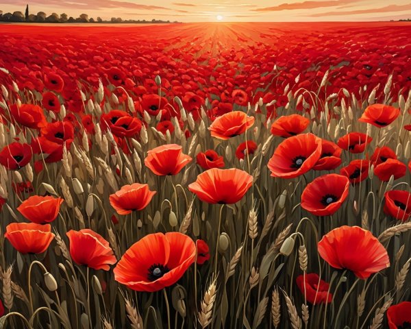 Vibrant Red Poppy Field at Sunset with Wheat