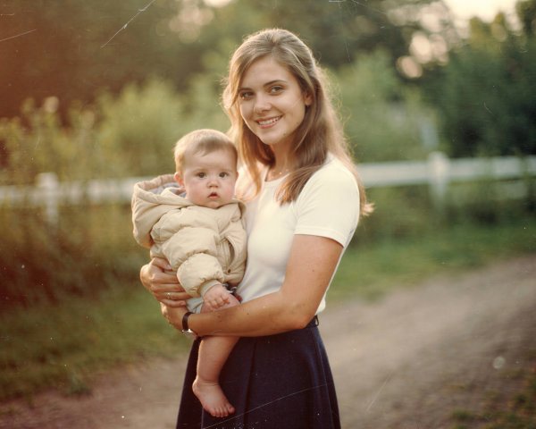 Woman Holding Baby in Nature with Sunlit Background