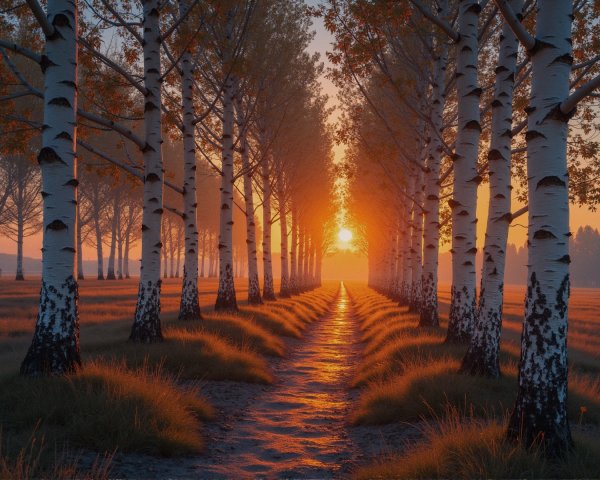 Tranquil Pathway with Birch Trees at Sunset