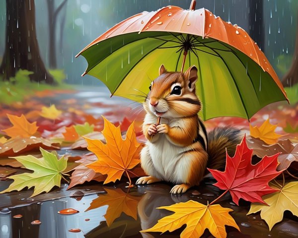 Chipmunk Under Umbrella in Colorful Autumn Setting