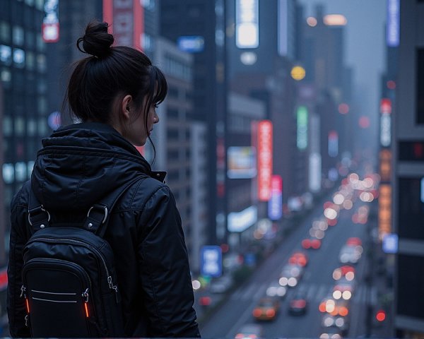 Young woman on rooftop overlooking neon city street