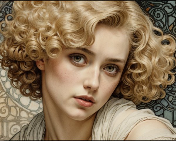 Portrait of a Young Woman with Golden Curls and Graceful Attire