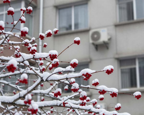 Snow-Covered Fruit Tree Branches with Red Berries