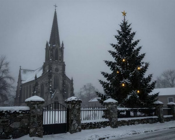 Christmas Tree and Church Scene in Snowy Landscape