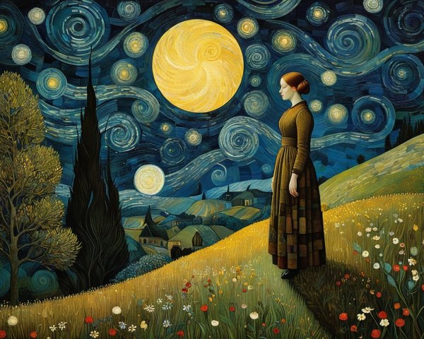 Woman in Brown Dress Under Starry Night Sky