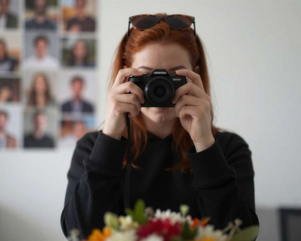 Auburn-haired woman photographing flowers with camera