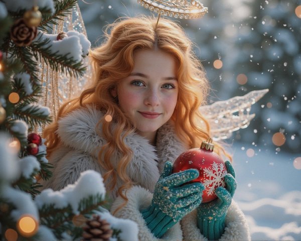 Young girl with red hair and wings in winter scene
