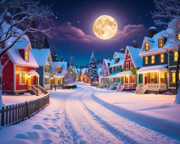 Winter Neighborhood Scene with Snow and Moonlight