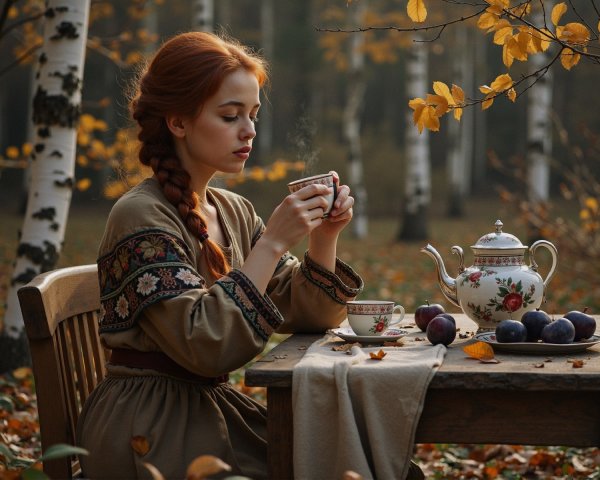 Autumn Scene with Young Woman and Cozy Decor