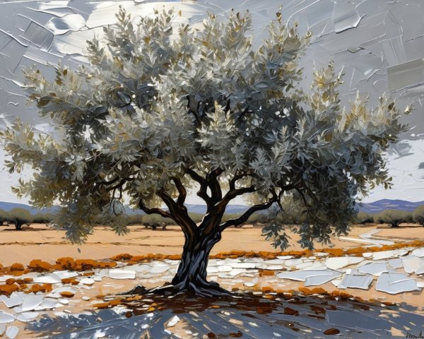 Solitary Olive Tree in Stark Landscape with Hills