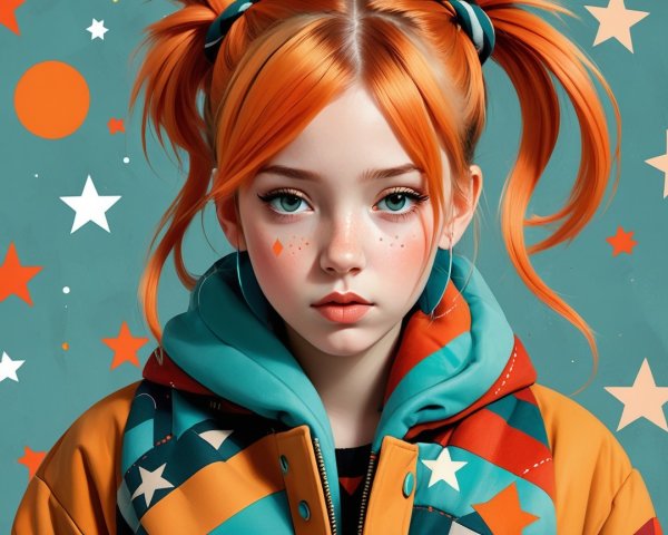 Young girl with orange hair and colorful background