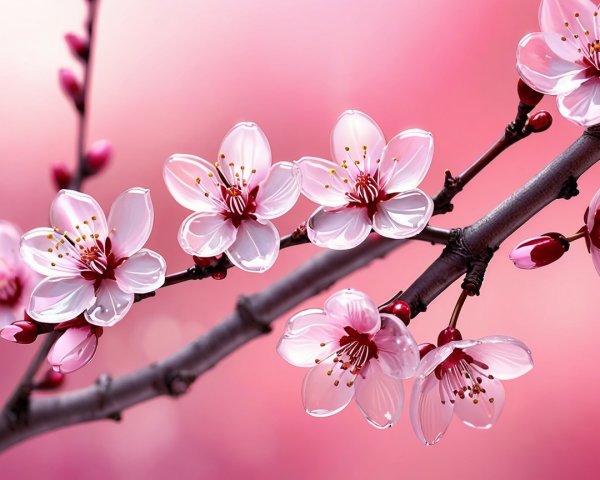 Cherry Blossom Flowers with Pink Petals and Water Droplets