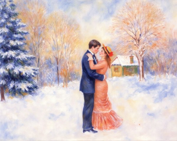 Romantic Winter Scene with Couple in Snowy Landscape