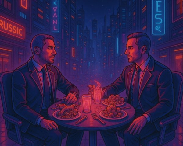 Neon-Lit Urban Scene with Two Men Dining Together
