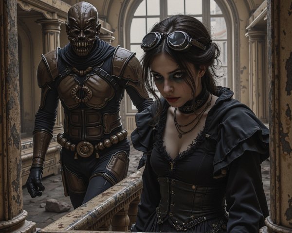 Gothic Scene with Mysterious Woman and Menacing Figure