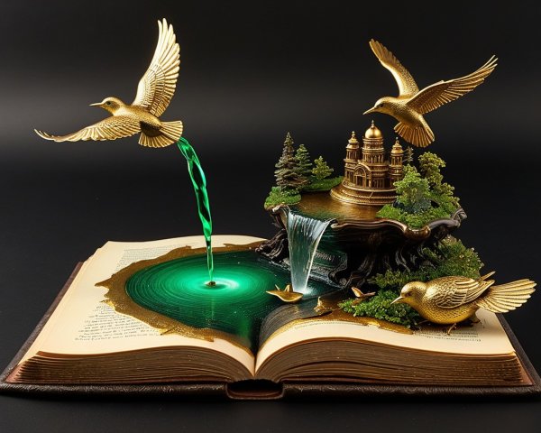 Intricate Open Book with Vibrant Nature Scene