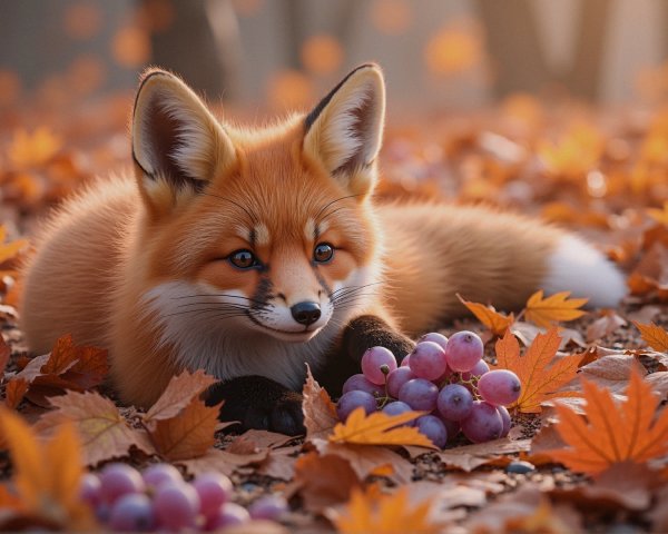 Charming fox among autumn leaves and grapes