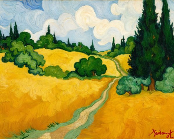 Vibrant Landscape with Golden Fields and Blue Sky