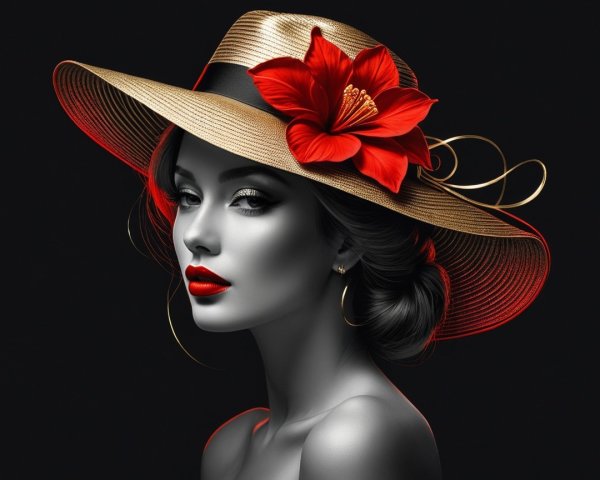 Monochrome Portrait of Elegant Woman with Hat and Flower