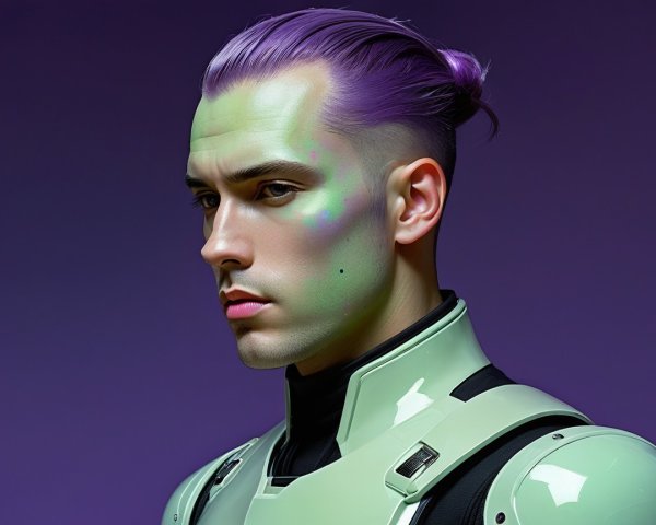 Futuristic Figure with Lavender Hair and Mint Outfit
