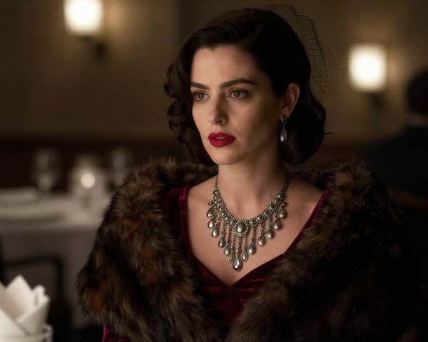 Woman in Dark Red Dress with Brown Fur Stole