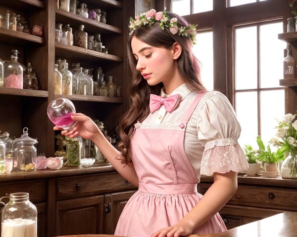 Young woman in vintage apothecary with potion vial