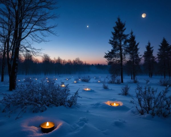 Full Moon Over Snowy Forest with Candles at Twilight