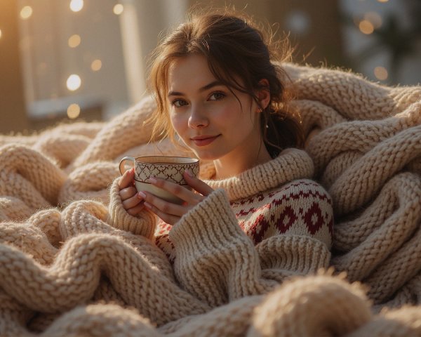 Young woman in cozy sweater with tea in warm setting