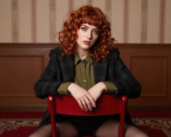 Woman with Red Hair Seated on Red Chair Background