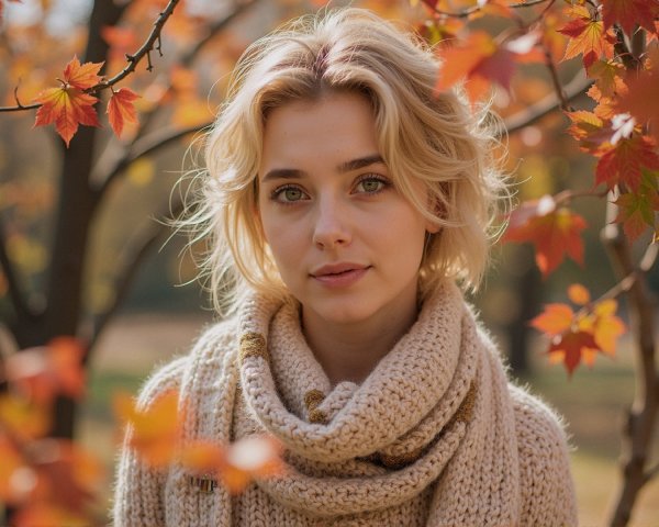 Young Woman in Autumn Leaves with Cozy Sweater