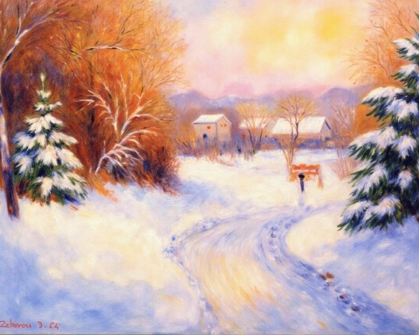 Winter Landscape with Snowy Path and Frosted Trees