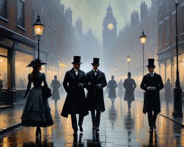 Misty Street Scene with Elegant Figures and Gas Lamps