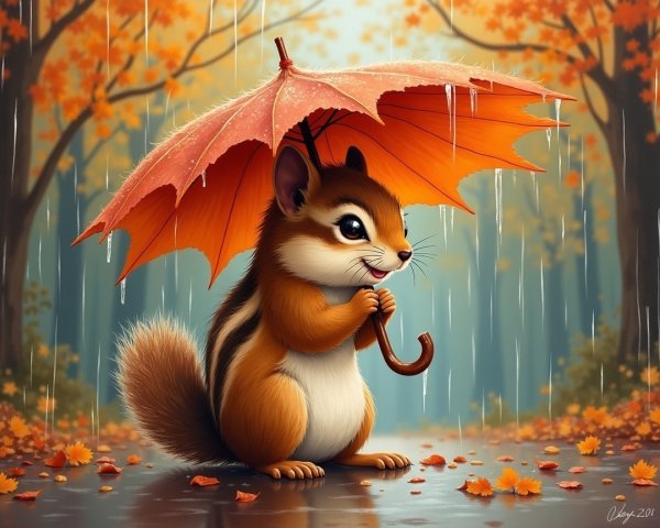 Chipmunk Under Orange Umbrella in Autumn Forest