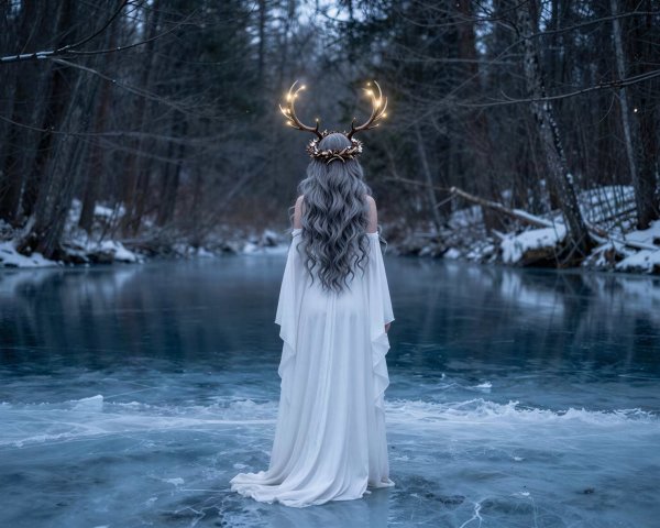 Woman with Gray Hair in Antler Headpiece by Frozen Lake