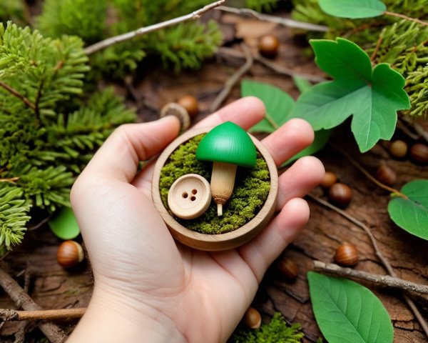 Wooden Dish with Green Mushroom and Button in Nature