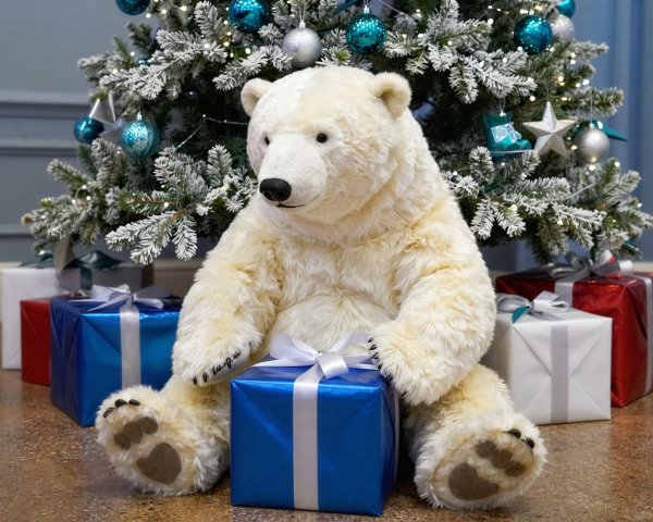 Fluffy Polar Bear Plush Toy with Christmas Decor