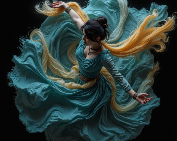 Dancer in Turquoise Dress Against Dark Backdrop