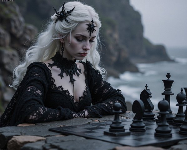 Serene Ocean Scene with Woman at Chess Table