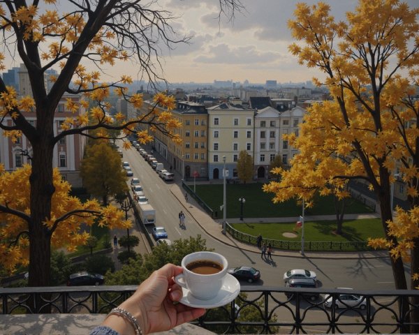Coffee Cup Surrounded by Autumn Leaves and Cityscape