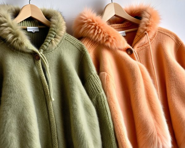 Stylish Olive Green and Peach Coats on Hangers