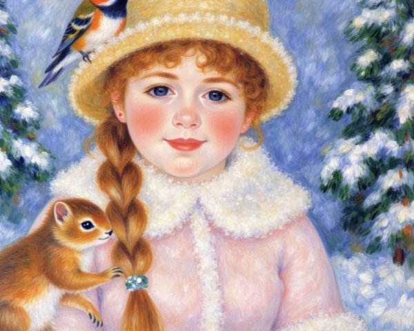 Young girl in pink coat with squirrel in snowy scene