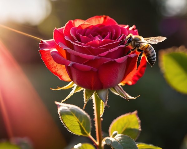 Close-Up of Honey Bee on Deep Red Rose Petals