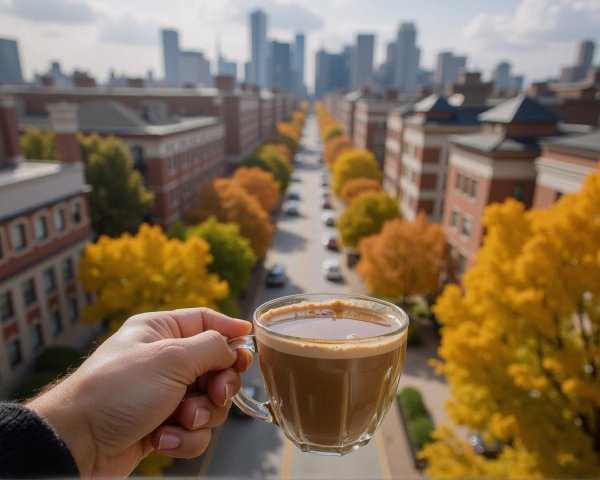 Coffee in Glass Cup with Autumn Cityscape Background