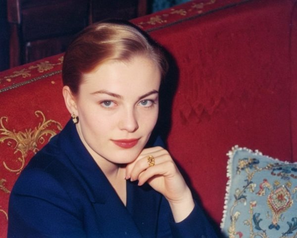 Elegant Woman on Red Sofa with Intricate Background