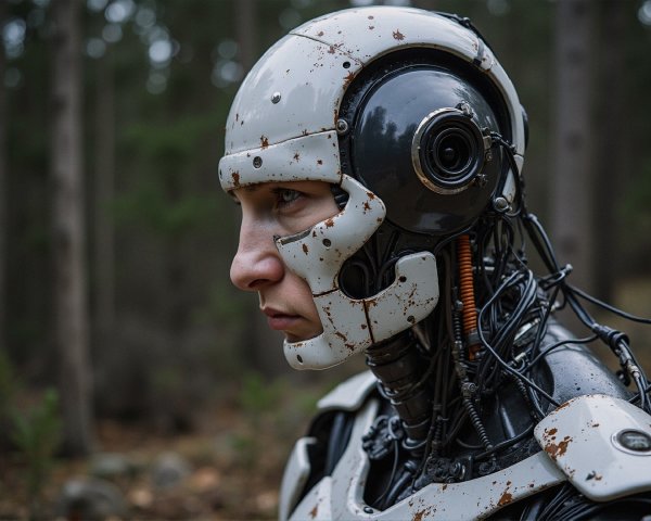 Humanoid Robot in a Forest with Weathered Design
