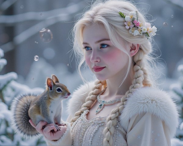 Young woman in snowy forest with flowers and squirrel