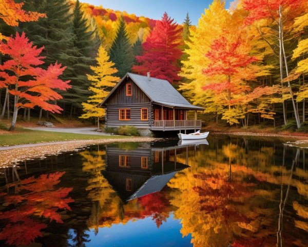 Serene cabin by tranquil pond in autumn foliage
