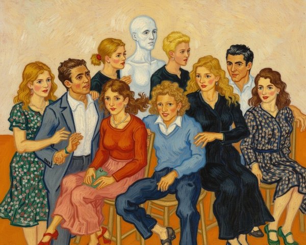 Colorful Painting of Diverse Group with Faceless Sculpture